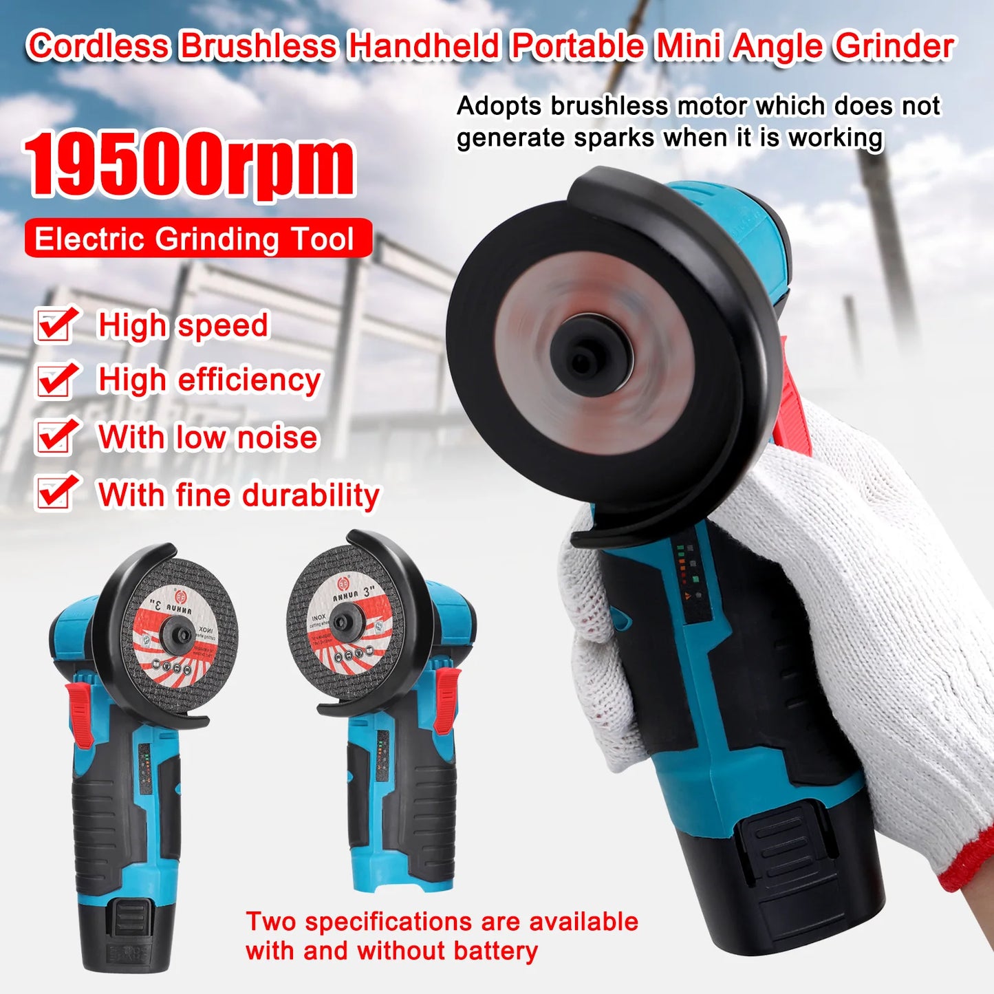 12v 19500rpm mini brushed rechargeable angle grinder with 2 pieces battery, wood and steel and stone cutting machine, polishing tools