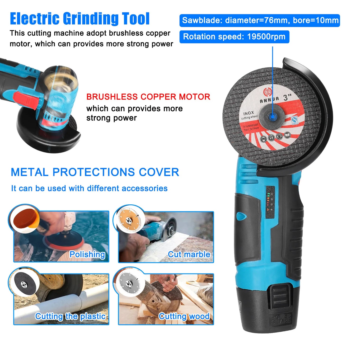 12v 19500rpm mini brushed rechargeable angle grinder with 2 pieces battery, wood and steel and stone cutting machine, polishing tools