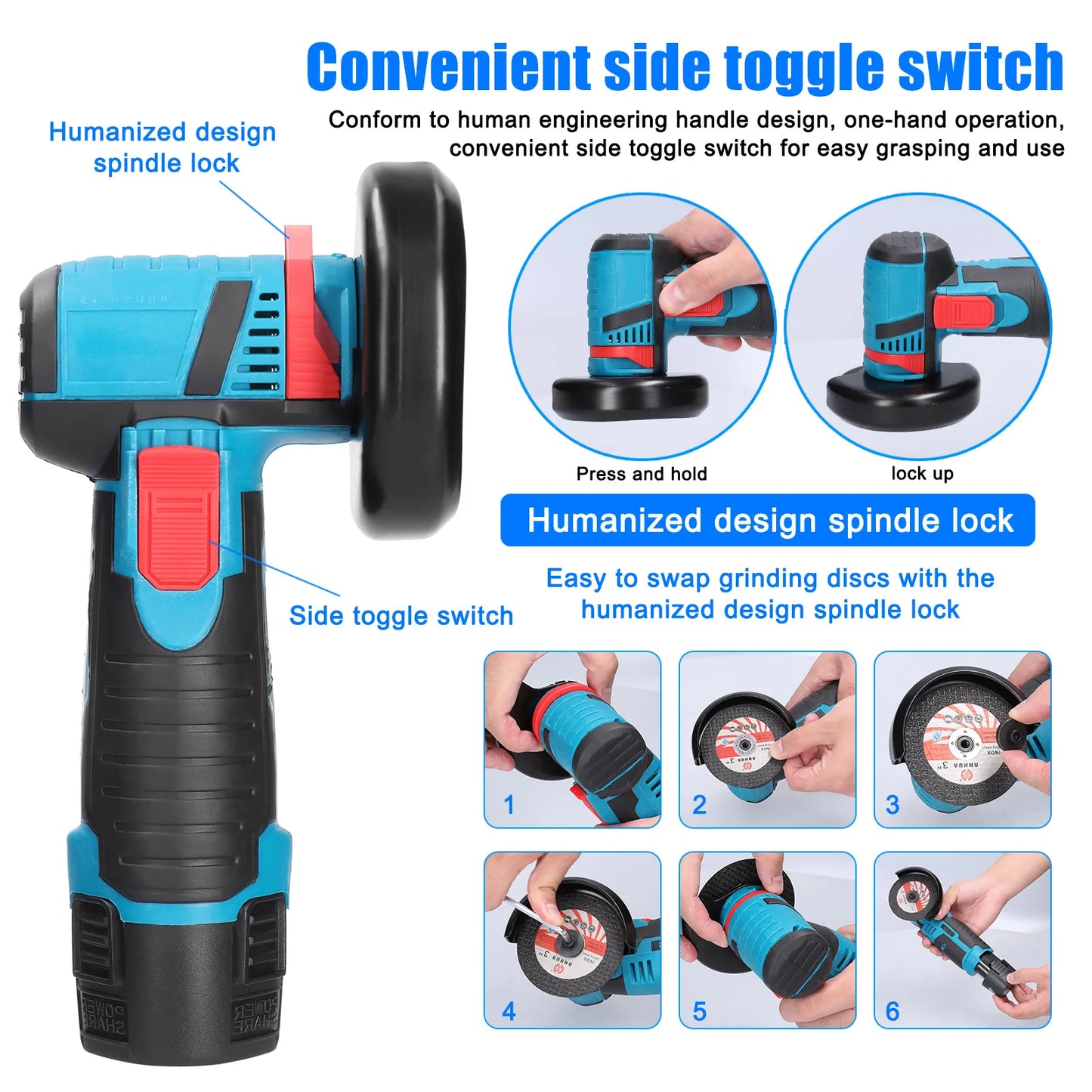 12v 19500rpm mini brushed rechargeable angle grinder with 2 pieces battery, wood and steel and stone cutting machine, polishing tools