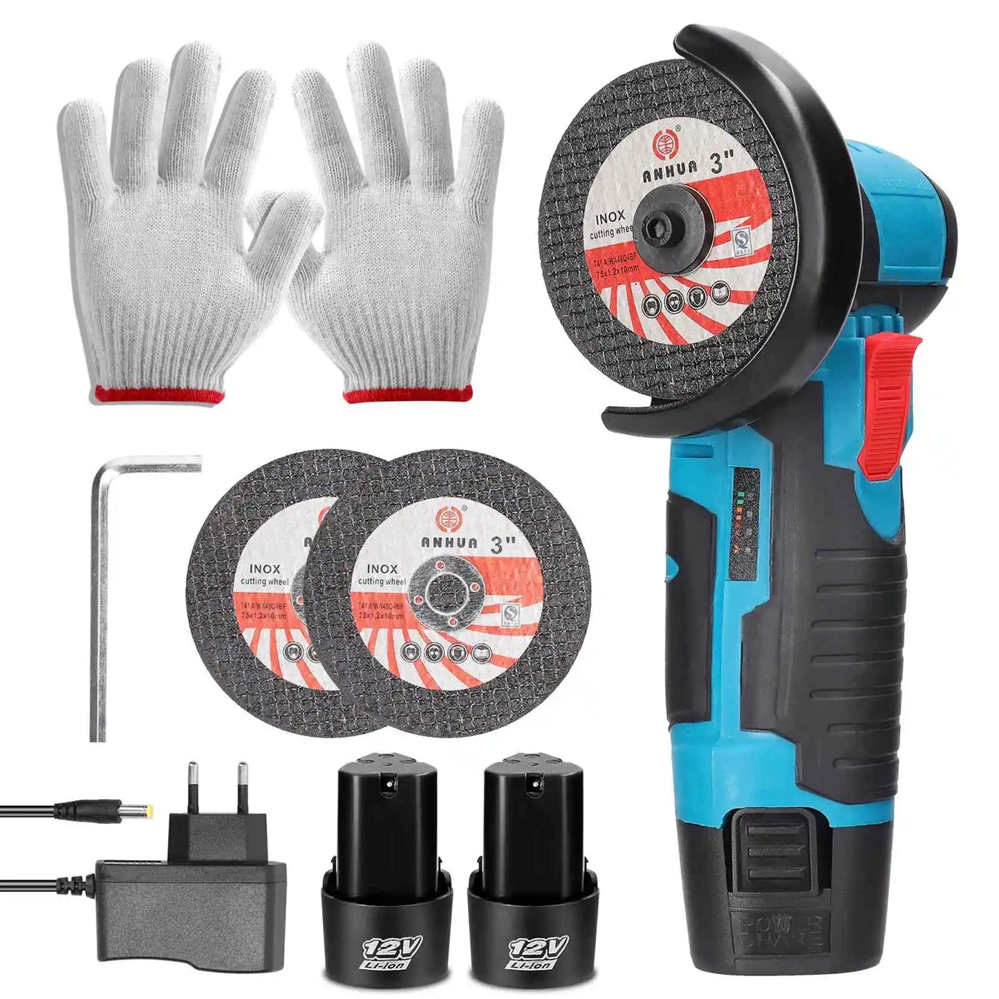 12v 19500rpm mini brushed rechargeable angle grinder with 2 pieces battery, wood and steel and stone cutting machine, polishing tools