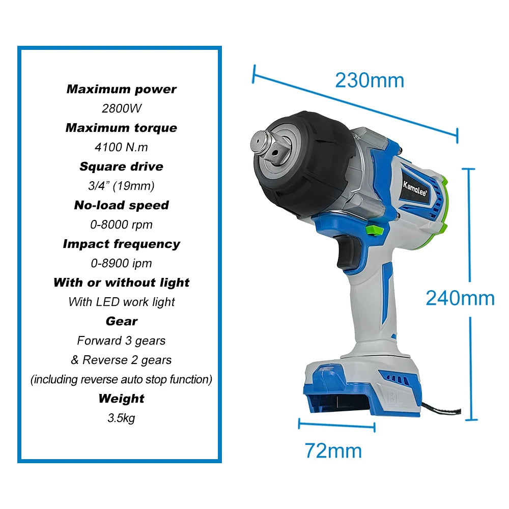 Kamolee-llave de impacto eléctrica sin escobillas, herramienta para batería Makita de 18v, 3/4 pulgadas, 4100NM